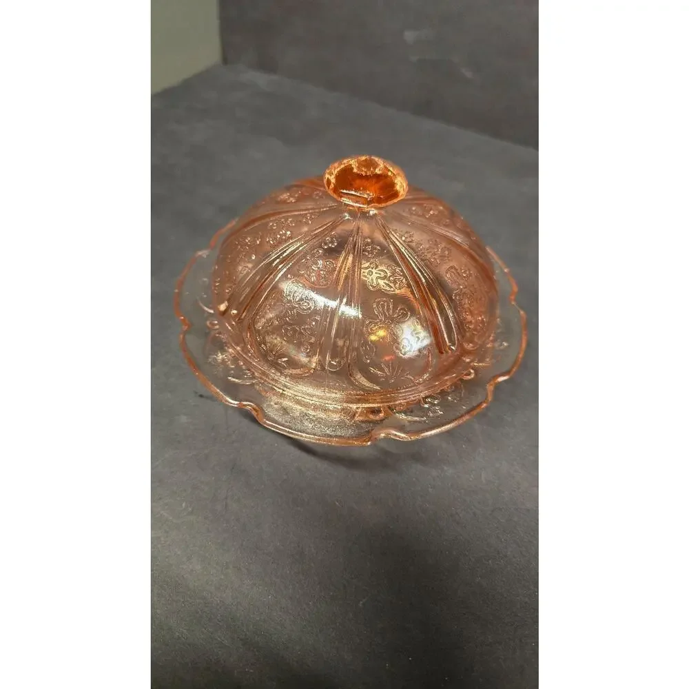 Pink Glass Covered Dish Cherry Floral Round Butter Cheese Reproduction